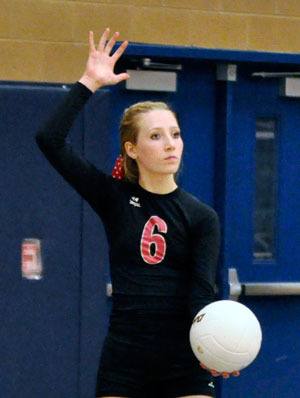 Marysville-Pilchuck’s Bailey Scallan prepares to serve during the Oct. 15 match against Glacier Peak.