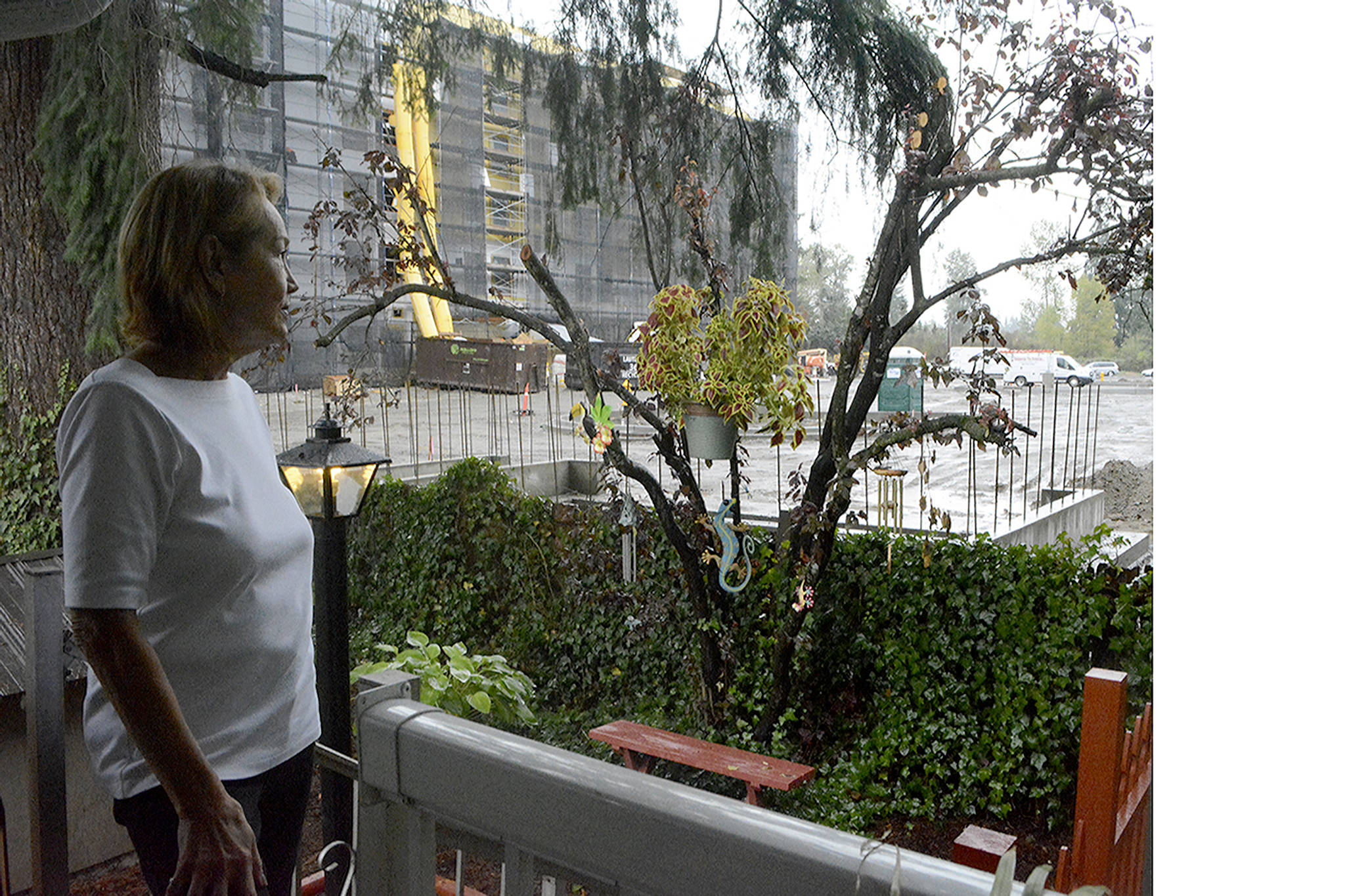 Instead of a greenbelt Lori Hanning now looks out at where a dumpster is being built with a huge hotel in the background. (Steve Powell/Staff Photo)