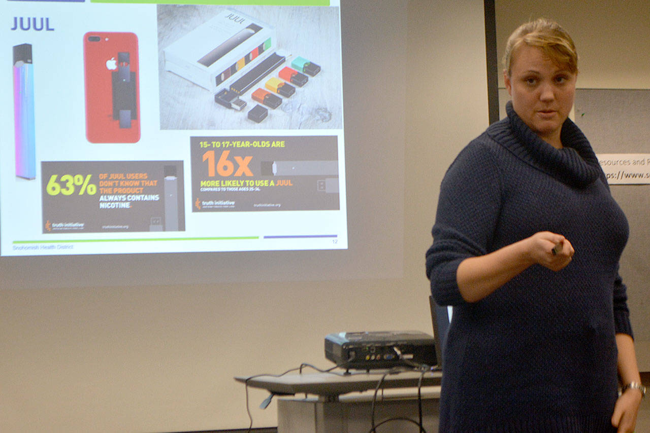 Jennifer Reid of the Snohomish Health District talks about vaping at the seminar. (Steve Powell/Staff Photo)