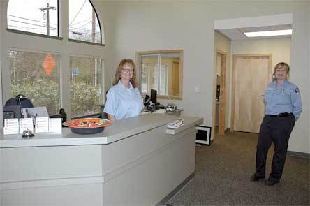 Marysville Fire District Administrative Assistant Tracy Fisk and Public Education Specialist and Public Information Officer Kristen Thorstenson greet visitors in the front lobby of the fire district administrative building.