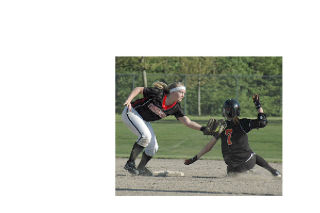 M-P senior Kristina Sherriff tags out Monroe’s Jordan Birch at second base in the Tomahawks’ 1-0 win. At Skykomish River Park (Monroe) M-P 0 0 0 0 1 0 0 1 Monroe 0 0 0 0 0 0 0 0