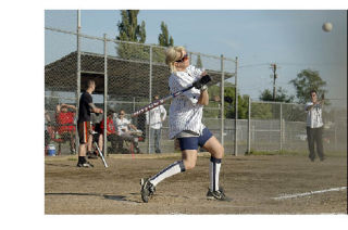 Slackers’ leadoff hitter Faun Birch is poised for a hit early in the fifth inning. At MPHS Slackers 0 1 1 0 4 0 3 9 Olympia 2 5 0 3 1 0 x 11